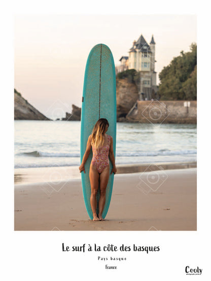 Affiche surfeuse Biarritz Côte des basques | Coolyposter affiche photo surf vintage Biarritz Pays basque